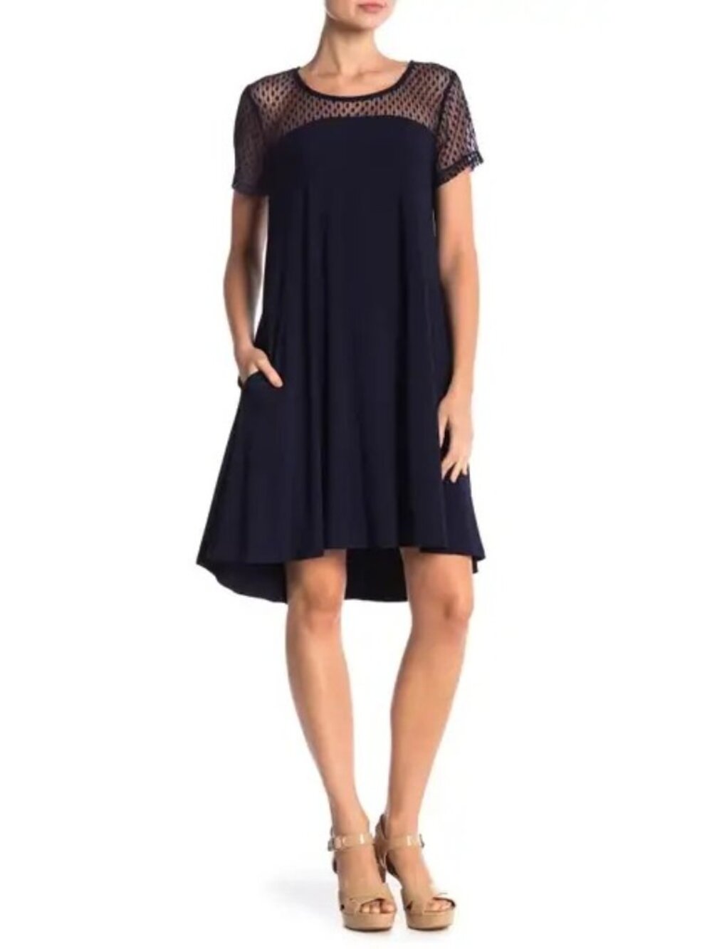 Nina Leonard Illusion Neck High Low Shift Dress Navy Blue New Nordstrom XL